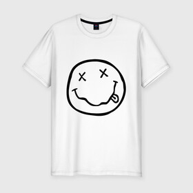Мужская футболка хлопок Slim с принтом NIRVANA (+ на спине) в Санкт-Петербурге, 92% хлопок, 8% лайкра | приталенный силуэт, круглый вырез ворота, длина до линии бедра, короткий рукав | cobain | kurt | nirvana | кобейн | курт | нирвана | смайл | улыбка