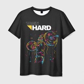 Мужская футболка 3D с принтом Train hard в Санкт-Петербурге, 100% полиэфир | прямой крой, круглый вырез горловины, длина до линии бедер | lifting | wheight lifting | wheightlifting | тяжелая атлетика | штанга | штангист
