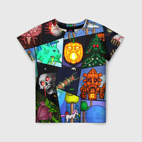 Детская футболка 3D с принтом Terraria allpic в Санкт-Петербурге, 100% гипоаллергенный полиэфир | прямой крой, круглый вырез горловины, длина до линии бедер, чуть спущенное плечо, ткань немного тянется | game | pixel | terraria | игра | пиксель | террариа