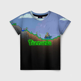 Детская футболка 3D с принтом terraria game в Санкт-Петербурге, 100% гипоаллергенный полиэфир | прямой крой, круглый вырез горловины, длина до линии бедер, чуть спущенное плечо, ткань немного тянется | Тематика изображения на принте: game | pixel | terraria | игра | пиксель | террариа