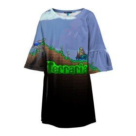 Детское платье 3D с принтом terraria game в Санкт-Петербурге, 100% полиэстер | прямой силуэт, чуть расширенный к низу. Круглая горловина, на рукавах — воланы | Тематика изображения на принте: game | pixel | terraria | игра | пиксель | террариа