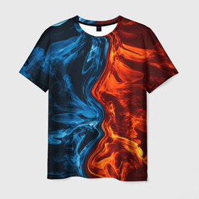 Мужская футболка 3D с принтом Огонь и вода в Санкт-Петербурге, 100% полиэфир | прямой крой, круглый вырез горловины, длина до линии бедер | fire | texture | абстракция | граффити | краски | лед | линии | огонь | огонь и лед | текстура | уличный стиль | яркая