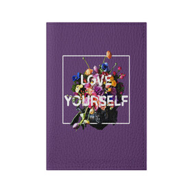 Обложка для паспорта матовая кожа с принтом Love Yourself в Санкт-Петербурге, натуральная матовая кожа | размер 19,3 х 13,7 см; прозрачные пластиковые крепления | bangtan | bighit | boy | fake love | j hope | jimin | jin | jungkook | korea | kpop | live | luv | mic drop | rm | suga | v | with | бтс | кей | поп