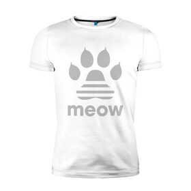 Мужская футболка хлопок Slim с принтом Meow в Санкт-Петербурге, 92% хлопок, 8% лайкра | приталенный силуэт, круглый вырез ворота, длина до линии бедра, короткий рукав | animal | cat | cute | kitty | meow | друг | животные | киска | китти | кот | котенок | котик | кошечка | кошка | лев | леопард | милый | мур | мяу | пантера | питомец | рысь | тигр | улыбка