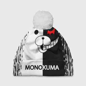 Шапка 3D c помпоном с принтом MONOKUMA. в Санкт-Петербурге, 100% полиэстер | универсальный размер, печать по всей поверхности изделия | anime | bear | black  white | danganronpa | kurokuma | monodam | monokuma | monomi | monotaro | pink | rabbit | school | shirokuma | аниме | главарь | мoноми | монокума | черно белый | школа