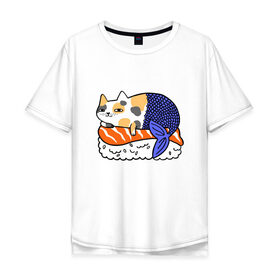 Мужская футболка хлопок Oversize с принтом Sushi Cat в Санкт-Петербурге, 100% хлопок | свободный крой, круглый ворот, “спинка” длиннее передней части | animal | cat | cute | kitty | meow | друг | животные | киска | китти | кот | котенок | котик | кошечка | кошка | лев | леопард | милый | мур | мяу | пантера | питомец | рысь | тигр | улыбка