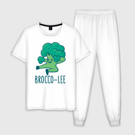 Мужская пижама хлопок с принтом Brocco Lee в Санкт-Петербурге, 100% хлопок | брюки и футболка прямого кроя, без карманов, на брюках мягкая резинка на поясе и по низу штанин
 | broccoli | vegan | veggie | брокко ли | брокколи | брюс ли | веган | вегетарианец