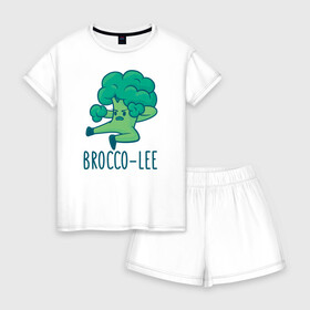 Женская пижама с шортиками хлопок с принтом Brocco Lee в Санкт-Петербурге, 100% хлопок | футболка прямого кроя, шорты свободные с широкой мягкой резинкой | broccoli | vegan | veggie | брокко ли | брокколи | брюс ли | веган | вегетарианец