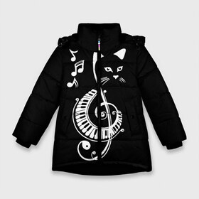 Зимняя куртка для девочек 3D с принтом Музыкальный кот в Санкт-Петербурге, ткань верха — 100% полиэстер; подклад — 100% полиэстер, утеплитель — 100% полиэстер. | длина ниже бедра, удлиненная спинка, воротник стойка и отстегивающийся капюшон. Есть боковые карманы с листочкой на кнопках, утяжки по низу изделия и внутренний карман на молнии. 

Предусмотрены светоотражающий принт на спинке, радужный светоотражающий элемент на пуллере молнии и на резинке для утяжки. | Тематика изображения на принте: background | black | cat | mus | music | musical | white | with | белый | игроман | кот | котик | котиков | котиком | котов | кошек | кошка | меломан | музыка | музыкальный | ноты | с белым | с котом | с нотами | фон | черный