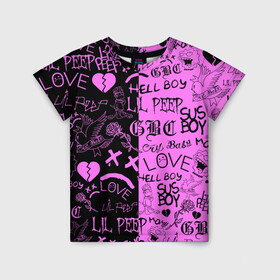 Детская футболка 3D с принтом LIL PEEP LOGOBOMBING BLACK PINK в Санкт-Петербурге, 100% гипоаллергенный полиэфир | прямой крой, круглый вырез горловины, длина до линии бедер, чуть спущенное плечо, ткань немного тянется | lil peep | lil prince | pink | зарубежная музыка | лил пип | маленький принц
