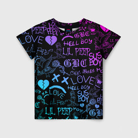 Детская футболка 3D с принтом LIL PEEP NEON | ЛИЛ ПИП НЕОН в Санкт-Петербурге, 100% гипоаллергенный полиэфир | прямой крой, круглый вырез горловины, длина до линии бедер, чуть спущенное плечо, ткань немного тянется | lil peep | lil prince | pink | зарубежная музыка | лил пип | маленький принц