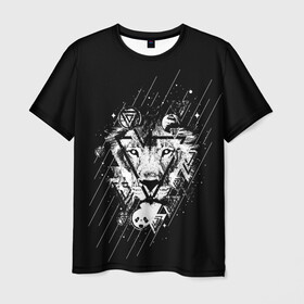 Мужская футболка 3D с принтом Лев  в Санкт-Петербурге, 100% полиэфир | прямой крой, круглый вырез горловины, длина до линии бедер | leon | геометрия | женская толстовка | женская футболка со львом | животные | лев | мужская футболка со львом | треугольники | черная толстовка | черная футболка