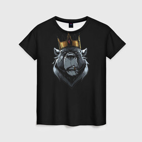 Женская футболка 3D с принтом king в Санкт-Петербурге, 100% полиэфир ( синтетическое хлопкоподобное полотно) | прямой крой, круглый вырез горловины, длина до линии бедер | для детей | для мальчиков | для мужиков | для мужчин | для парней | корона | медведь | россия | царь | черная