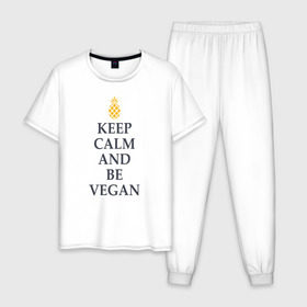 Мужская пижама хлопок с принтом Keep calm and be vegan в Санкт-Петербурге, 100% хлопок | брюки и футболка прямого кроя, без карманов, на брюках мягкая резинка на поясе и по низу штанин
 | keep calm and be vegan | vegaan | vegan | vegetables | vegetarian | ананас | веган | вегатерианец | вегетарианец | заткнись и будь веганом | зож | йога | медитация | овощи | экология | я веган