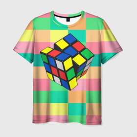 Мужская футболка 3D с принтом Кубик Рубика в Санкт-Петербурге, 100% полиэфир | прямой крой, круглый вырез горловины, длина до линии бедер | Тематика изображения на принте: игра | интеллект | куб | кубик | рубик | ум