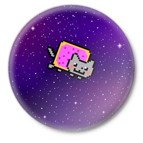 Значок с принтом Nyan Cat в Санкт-Петербурге,  металл | круглая форма, металлическая застежка в виде булавки | Тематика изображения на принте: cat | meme | nyan cat | space | youtube | животное | звезды | интернет | космос | кошка | мем | прикол | радуга | юмор | ютуб