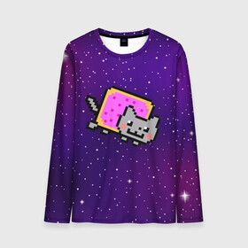 Мужской лонгслив 3D с принтом Nyan Cat в Санкт-Петербурге, 100% полиэстер | длинные рукава, круглый вырез горловины, полуприлегающий силуэт | Тематика изображения на принте: cat | meme | nyan cat | space | youtube | животное | звезды | интернет | космос | кошка | мем | прикол | радуга | юмор | ютуб