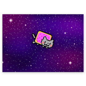 Поздравительная открытка с принтом Nyan Cat в Санкт-Петербурге, 100% бумага | плотность бумаги 280 г/м2, матовая, на обратной стороне линовка и место для марки
 | cat | meme | nyan cat | space | youtube | животное | звезды | интернет | космос | кошка | мем | прикол | радуга | юмор | ютуб