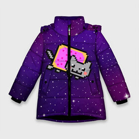 Зимняя куртка для девочек 3D с принтом Nyan Cat в Санкт-Петербурге, ткань верха — 100% полиэстер; подклад — 100% полиэстер, утеплитель — 100% полиэстер. | длина ниже бедра, удлиненная спинка, воротник стойка и отстегивающийся капюшон. Есть боковые карманы с листочкой на кнопках, утяжки по низу изделия и внутренний карман на молнии. 

Предусмотрены светоотражающий принт на спинке, радужный светоотражающий элемент на пуллере молнии и на резинке для утяжки. | Тематика изображения на принте: cat | meme | nyan cat | space | youtube | животное | звезды | интернет | космос | кошка | мем | прикол | радуга | юмор | ютуб