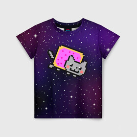 Детская футболка 3D с принтом Nyan Cat в Санкт-Петербурге, 100% гипоаллергенный полиэфир | прямой крой, круглый вырез горловины, длина до линии бедер, чуть спущенное плечо, ткань немного тянется | cat | meme | nyan cat | space | youtube | животное | звезды | интернет | космос | кошка | мем | прикол | радуга | юмор | ютуб