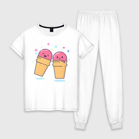Женская пижама хлопок с принтом Мороженки в Санкт-Петербурге, 100% хлопок | брюки и футболка прямого кроя, без карманов, на брюках мягкая резинка на поясе и по низу штанин | мороженка мороженки пара вкусняшка любовь отн