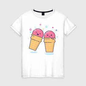 Женская футболка хлопок с принтом Мороженки в Санкт-Петербурге, 100% хлопок | прямой крой, круглый вырез горловины, длина до линии бедер, слегка спущенное плечо | мороженка мороженки пара вкусняшка любовь отн