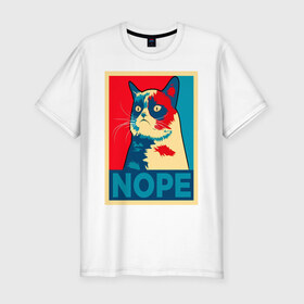 Мужская футболка хлопок Slim с принтом Grumpy Cat в Санкт-Петербурге, 92% хлопок, 8% лайкра | приталенный силуэт, круглый вырез ворота, длина до линии бедра, короткий рукав | cat | grumpy | meme | nope | интернет | кот | кот мем | кошка | мем | ноуп | прикол | угрюмый | юмор