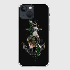 Чехол для iPhone 13 mini с принтом якорь с компасом и цветами в Санкт-Петербурге,  |  | компас | моряк | розы | темный принт | цветы | якорь