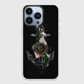 Чехол для iPhone 13 Pro с принтом якорь с компасом и цветами в Санкт-Петербурге,  |  | компас | моряк | розы | темный принт | цветы | якорь