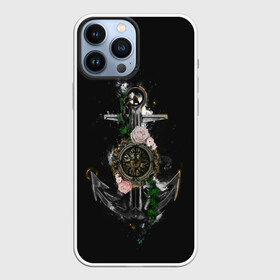 Чехол для iPhone 13 Pro Max с принтом якорь с компасом и цветами в Санкт-Петербурге,  |  | Тематика изображения на принте: компас | моряк | розы | темный принт | цветы | якорь