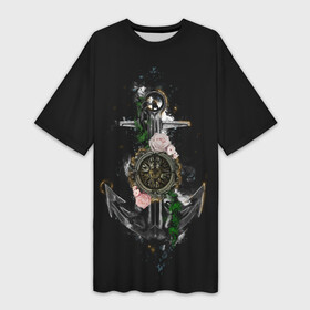 Платье-футболка 3D с принтом якорь с компасом и цветами в Санкт-Петербурге,  |  | компас | моряк | розы | темный принт | цветы | якорь