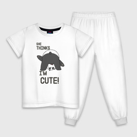 Детская пижама хлопок с принтом She thinks в Санкт-Петербурге, 100% хлопок |  брюки и футболка прямого кроя, без карманов, на брюках мягкая резинка на поясе и по низу штанин
 | grizzly | ice bear | panda | the three bare bears | vdzajul | we bare bears | белый | вся правда о медведях | гризли | панда | правда
