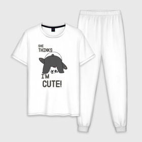 Мужская пижама хлопок с принтом She thinks в Санкт-Петербурге, 100% хлопок | брюки и футболка прямого кроя, без карманов, на брюках мягкая резинка на поясе и по низу штанин
 | grizzly | ice bear | panda | the three bare bears | vdzajul | we bare bears | белый | вся правда о медведях | гризли | панда | правда