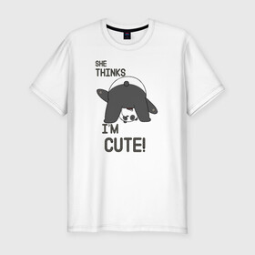 Мужская футболка хлопок Slim с принтом She thinks в Санкт-Петербурге, 92% хлопок, 8% лайкра | приталенный силуэт, круглый вырез ворота, длина до линии бедра, короткий рукав | grizzly | ice bear | panda | the three bare bears | vdzajul | we bare bears | белый | вся правда о медведях | гризли | панда | правда
