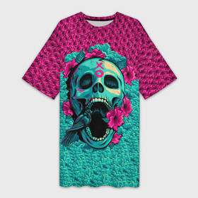 Платье-футболка 3D с принтом Неоновый череп в Санкт-Петербурге,  |  | 3d | flowers | music | neon | prints | rock | skull | картинки | майки | мем | мода | музыка | неон | прикол | принты | рок | стиль | тренд | футболки | цветы | череп | яркие | яркость