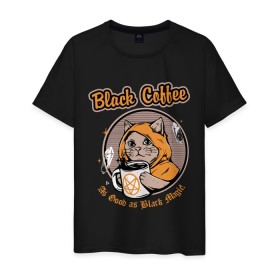 Мужская футболка хлопок с принтом Black Coffee Cat в Санкт-Петербурге, 100% хлопок | прямой крой, круглый вырез горловины, длина до линии бедер, слегка спущенное плечо. | cat | cats | coffee | kitty | magic | prints | картинки | кот | котики | коты | котэ | котята | кофе | кошки | магия | майки | мем | мода | прикол | принты | стиль | тренд | футболки | яркие | яркость