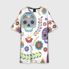 Детское платье 3D с принтом Мексиканские мотивы в Санкт-Петербурге, 100% полиэстер | прямой силуэт, чуть расширенный к низу. Круглая горловина, на рукавах — воланы | день мёртвых. череп | мексика | мексиканский | мексиканское | цветок | цветы | черепа