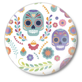 Значок с принтом Мексиканские мотивы в Санкт-Петербурге,  металл | круглая форма, металлическая застежка в виде булавки | день мёртвых. череп | мексика | мексиканский | мексиканское | цветок | цветы | черепа
