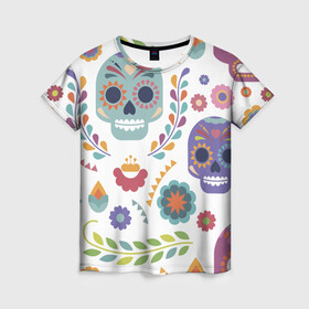 Женская футболка 3D с принтом Мексиканские мотивы в Санкт-Петербурге, 100% полиэфир ( синтетическое хлопкоподобное полотно) | прямой крой, круглый вырез горловины, длина до линии бедер | день мёртвых. череп | мексика | мексиканский | мексиканское | цветок | цветы | черепа