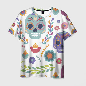 Мужская футболка 3D с принтом Мексиканские мотивы в Санкт-Петербурге, 100% полиэфир | прямой крой, круглый вырез горловины, длина до линии бедер | день мёртвых. череп | мексика | мексиканский | мексиканское | цветок | цветы | черепа