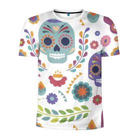 Мужская футболка 3D спортивная с принтом Мексиканские мотивы в Санкт-Петербурге, 100% полиэстер с улучшенными характеристиками | приталенный силуэт, круглая горловина, широкие плечи, сужается к линии бедра | день мёртвых. череп | мексика | мексиканский | мексиканское | цветок | цветы | черепа