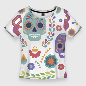 Женская футболка 3D Slim с принтом Мексиканские мотивы в Санкт-Петербурге,  |  | день мёртвых. череп | мексика | мексиканский | мексиканское | цветок | цветы | черепа