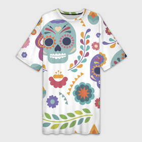 Платье-футболка 3D с принтом Мексиканские мотивы в Санкт-Петербурге,  |  | день мёртвых. череп | мексика | мексиканский | мексиканское | цветок | цветы | черепа