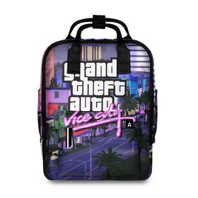 Женский рюкзак 3D с принтом Grand Theft Auto Vice City в Санкт-Петербурге, 100% полиэстер | лямки с регулируемой длиной, сверху ручки, чтобы рюкзак нести как сумку. Основное отделение закрывается на молнию, как и внешний карман. Внутри два дополнительных кармана, один из которых закрывается на молнию. По бокам два дополнительных кармашка, куда поместится маленькая бутылочка
 | Тематика изображения на принте: grand theft auto 2 | grand theft auto 3 | grand theft auto v | grand theft auto: san andreas | grand theft auto: vice city | gta 1 | gta 2 | gta 3 | gta 4 | gta 5 | gta online | gta v | город | игры