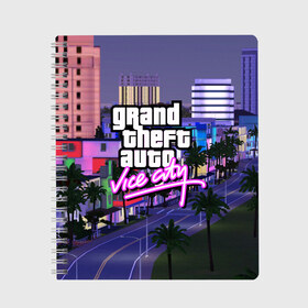 Тетрадь с принтом Grand Theft Auto Vice City в Санкт-Петербурге, 100% бумага | 48 листов, плотность листов — 60 г/м2, плотность картонной обложки — 250 г/м2. Листы скреплены сбоку удобной пружинной спиралью. Уголки страниц и обложки скругленные. Цвет линий — светло-серый
 | grand theft auto 2 | grand theft auto 3 | grand theft auto v | grand theft auto: san andreas | grand theft auto: vice city | gta 1 | gta 2 | gta 3 | gta 4 | gta 5 | gta online | gta v | город | игры