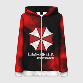 Женская толстовка 3D на молнии с принтом UMBRELLA CORP в Санкт-Петербурге, 100% полиэстер | длина до линии бедра, манжеты и пояс оформлены мягкой тканевой резинкой, двухслойный капюшон со шнурком для регулировки, спереди молния, по бокам два кармана | biohazard | biohazard 7 | crocodile | fang | game | hand | monster | new umbrella | resident evil | resident evil 7 | umbrella | umbrella corp | umbrella corporation | zombie | обитель