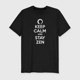 Мужская футболка хлопок Slim с принтом Keep calm & stay Zen в Санкт-Петербурге, 92% хлопок, 8% лайкра | приталенный силуэт, круглый вырез ворота, длина до линии бедра, короткий рукав | Тематика изображения на принте: aum | zen | будда | буддизм | дзен | мантра | ом | религия