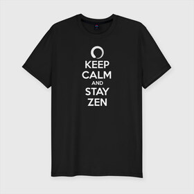 Мужская футболка хлопок Slim с принтом Keep calm & stay Zen в Санкт-Петербурге, 92% хлопок, 8% лайкра | приталенный силуэт, круглый вырез ворота, длина до линии бедра, короткий рукав | aum | zen | будда | буддизм | дзен | мантра | ом | религия