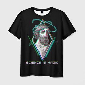 Мужская футболка 3D с принтом Magic is science - Пифагор в Санкт-Петербурге, 100% полиэфир | прямой крой, круглый вырез горловины, длина до линии бедер | magic | science | астрономия | геометрия | картинки | математика | мем | наука | пифагор | приколы | треугольник | физика | школа | школьник