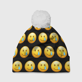 Шапка 3D c помпоном с принтом New Emoji в Санкт-Петербурге, 100% полиэстер | универсальный размер, печать по всей поверхности изделия | crying | emoji | smile | smiling face with tear | tear | плачущий | слеза | смайлик | улыбка | эмодзи